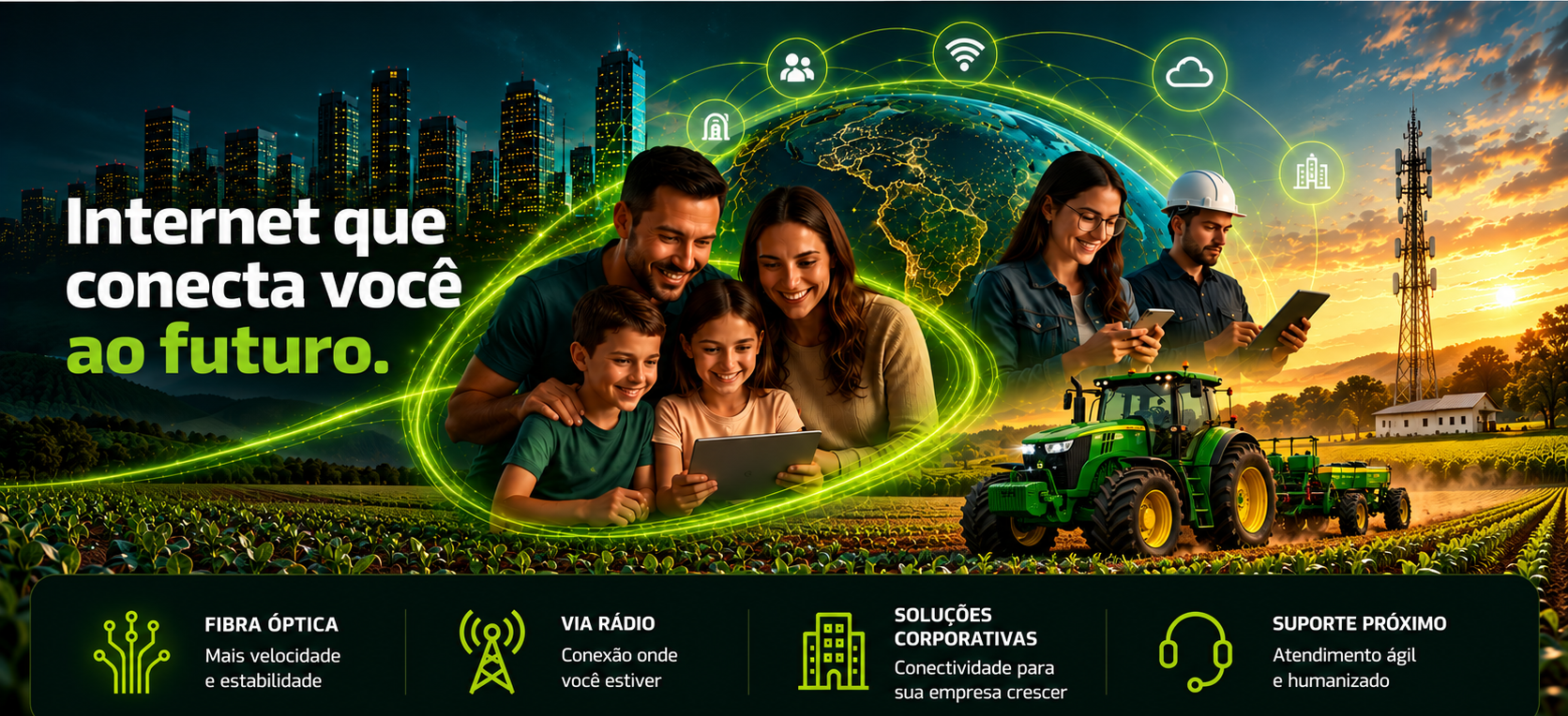 Internet que conecta você ao futuro, com pessoas, tecnologia e conectividade no campo e na cidade